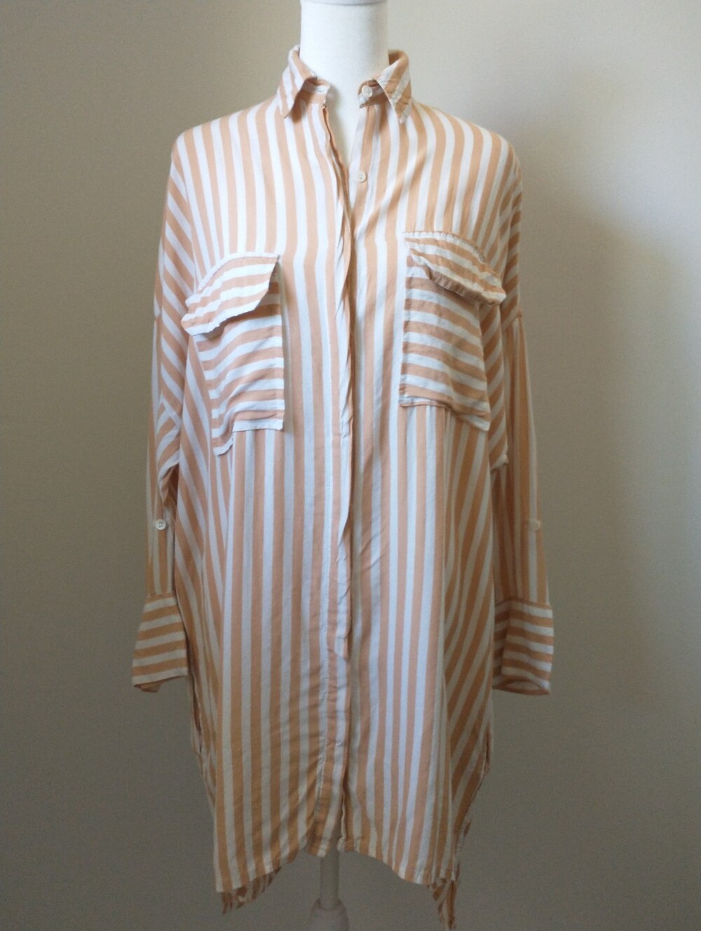 Faithfull the Brand Tan and White Oversized Striped Shirt Size 6